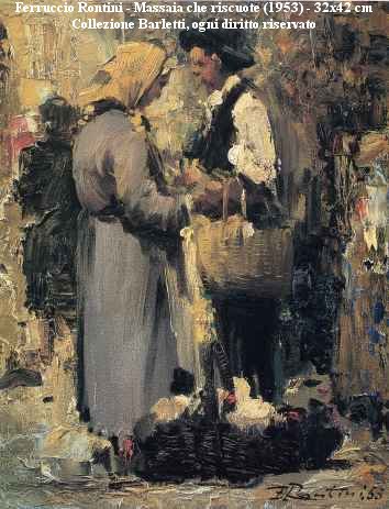 Ferruccio Rontini - Massaia che riscuote (1953) - olio su cartone 32x42 cm - collezione Barletti